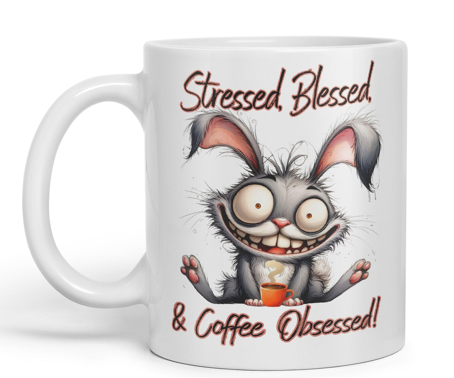 Stressed, Blessed & Coffee Obsessed! Bunny Hare Joke sarkasm Sarcastic Ceramic Coloured Mug Cup for Tea Coffee Hot Brew 330ml 11Oz Gift