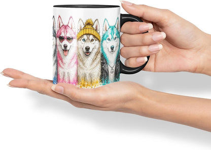 Huskies Mug – Cute Husky Dogs Coloured Ceramic Mug Cup Gift, 11oz (Black)