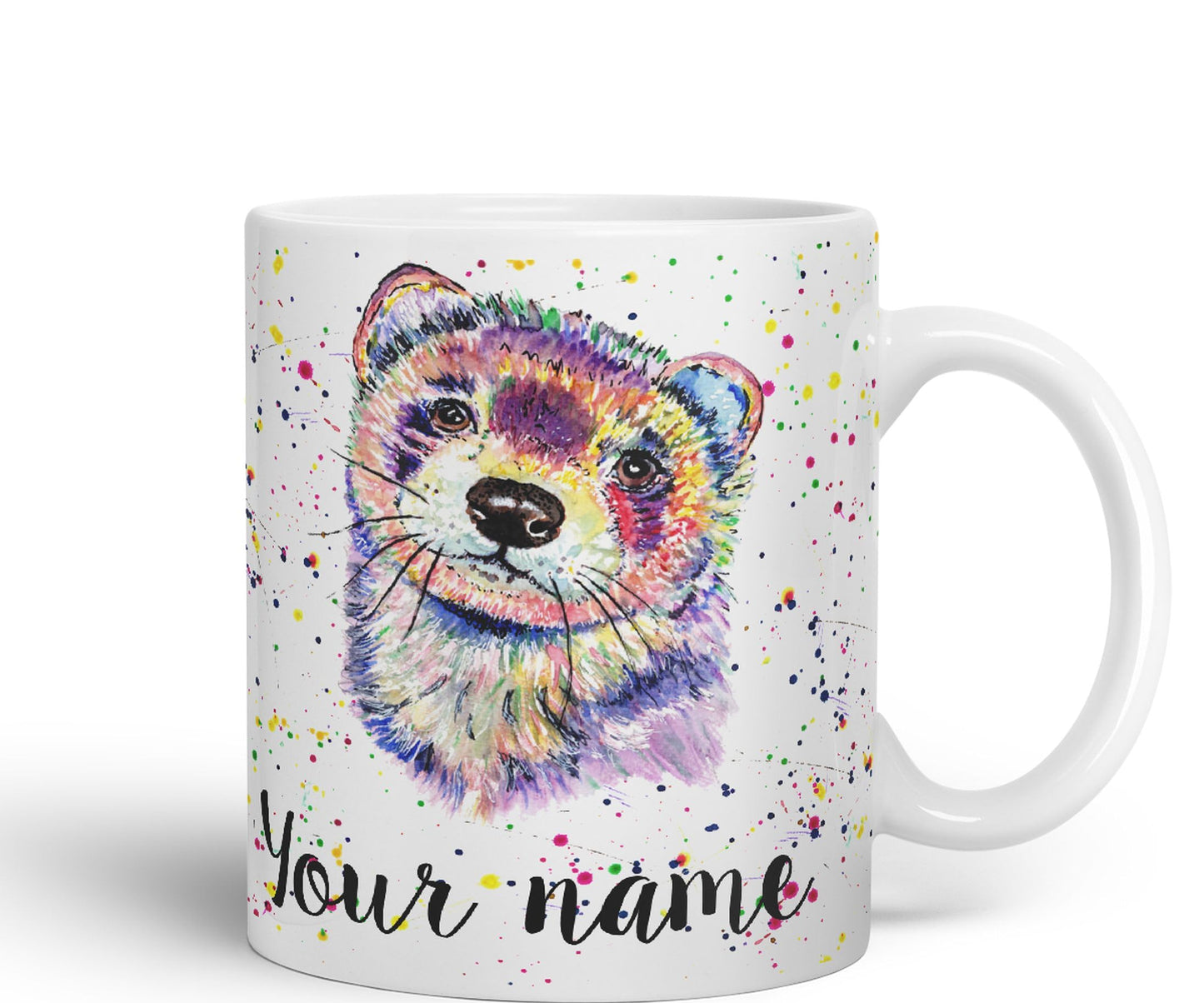 Personalised mug with Your Text name Ferret Pet animals Watercolour Art Coloured Ceramic Mug Cup Gift 330ml 11oz Custom Work Office Tea Coffee