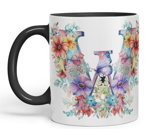 Letter W mug, Floral flowers butterfly Alphabet Letter W Monogram watercolour Ceramic Coloured Mug Cup for Tea Coffee Hot brew 330ml 11Oz