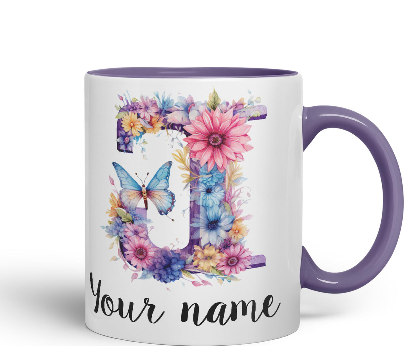 Personalised Letter J mug, Customized Custom Floral flowers butterfly Alphabet Letter J Monogram watercolour Ceramic Coloured Mug Cup for Tea Coffee Hot brew 330ml 11Oz Gift