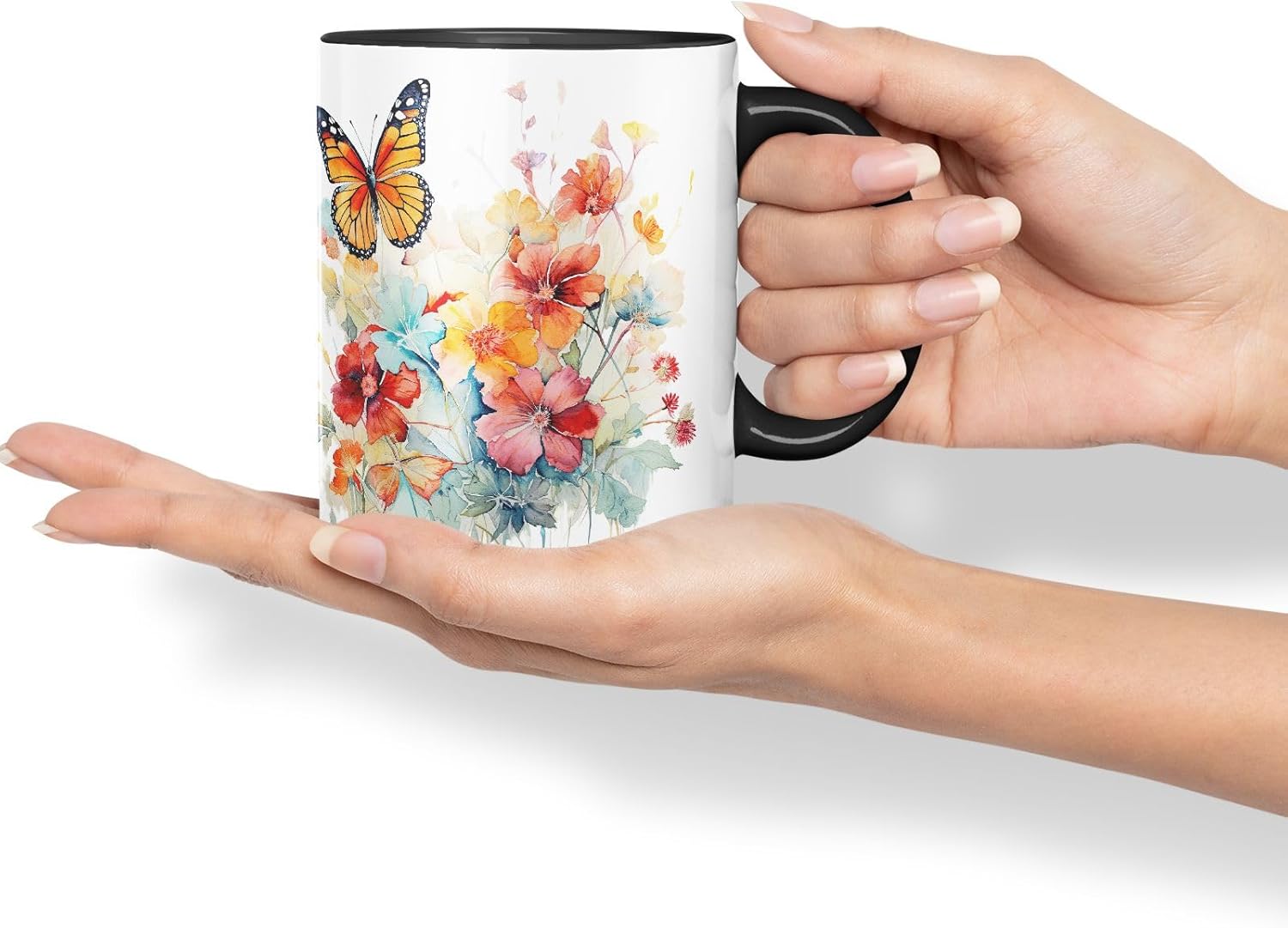 Vixar Ceramic Mug “Flowers & Butterfly” – Coloured Coffee & Tea Mug Cup 11oz 330ml (Black)