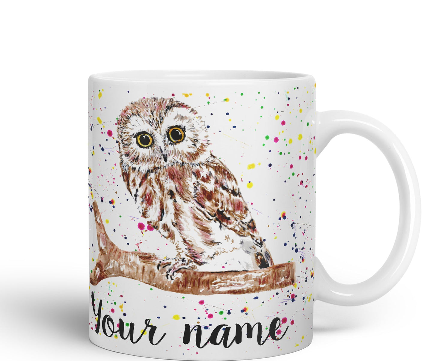 Vixar Personalised with Your Text Owl Bird Watercolour Art Coloured Ceramic Mug Cup Gift 330ml 11oz Custom Work Office Tea Coffee (O2)