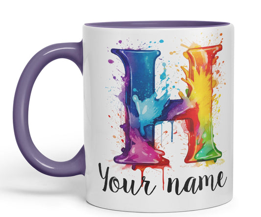 Personalised Letter H mug, Alphabet cusomized custom Letter H Monogram watercolour Ceramic Coloured Mug Cup for Tea Coffee Hot brew 330ml 11Oz Gift