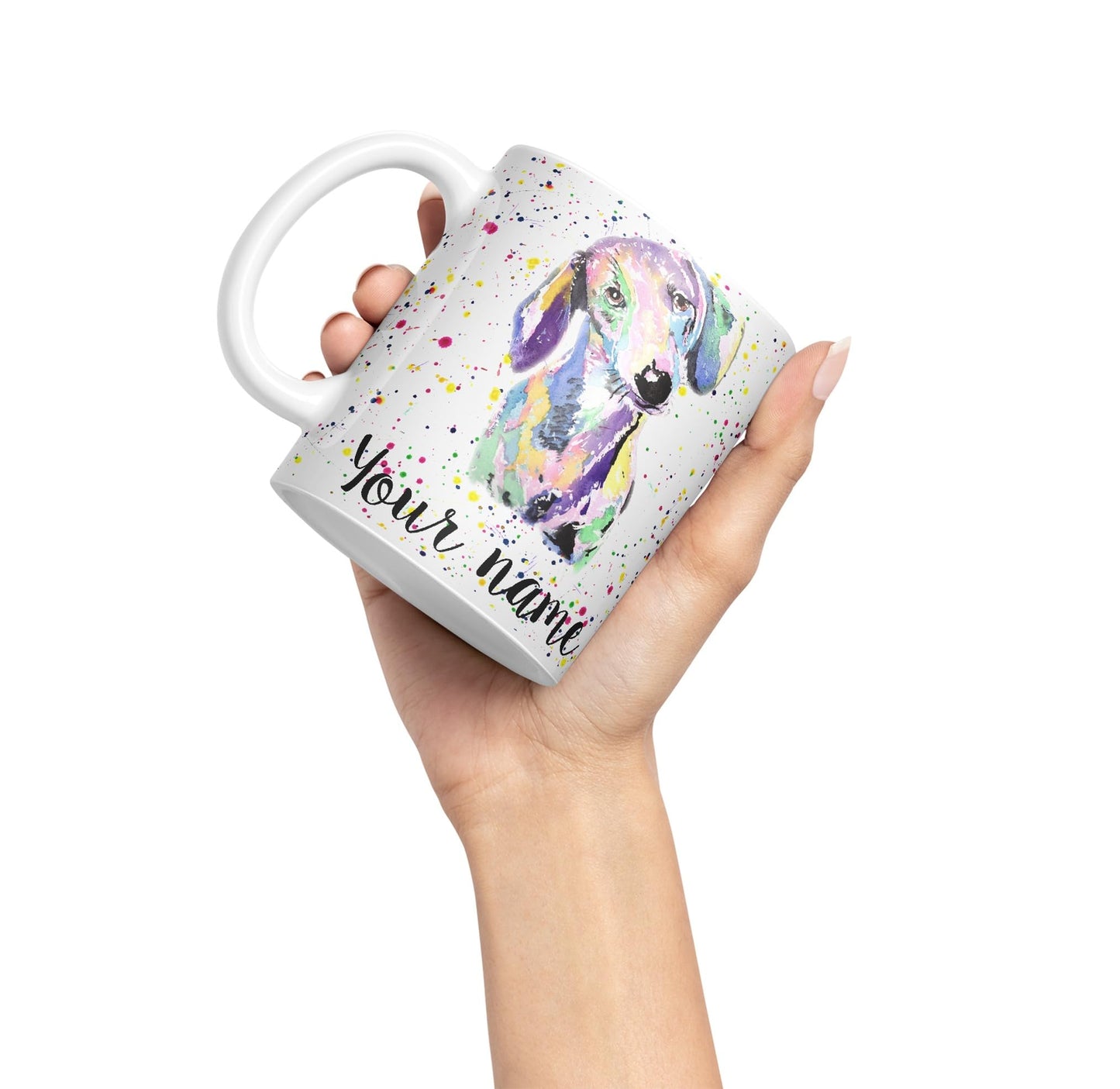 Vixar Personalised with Your Text Dachshund Sausage Dog Wiener Badger Pet Watercolour Art Coloured Ceramic Mug Cup Gift 330ml 11oz Custom Work Office Tea Coffee