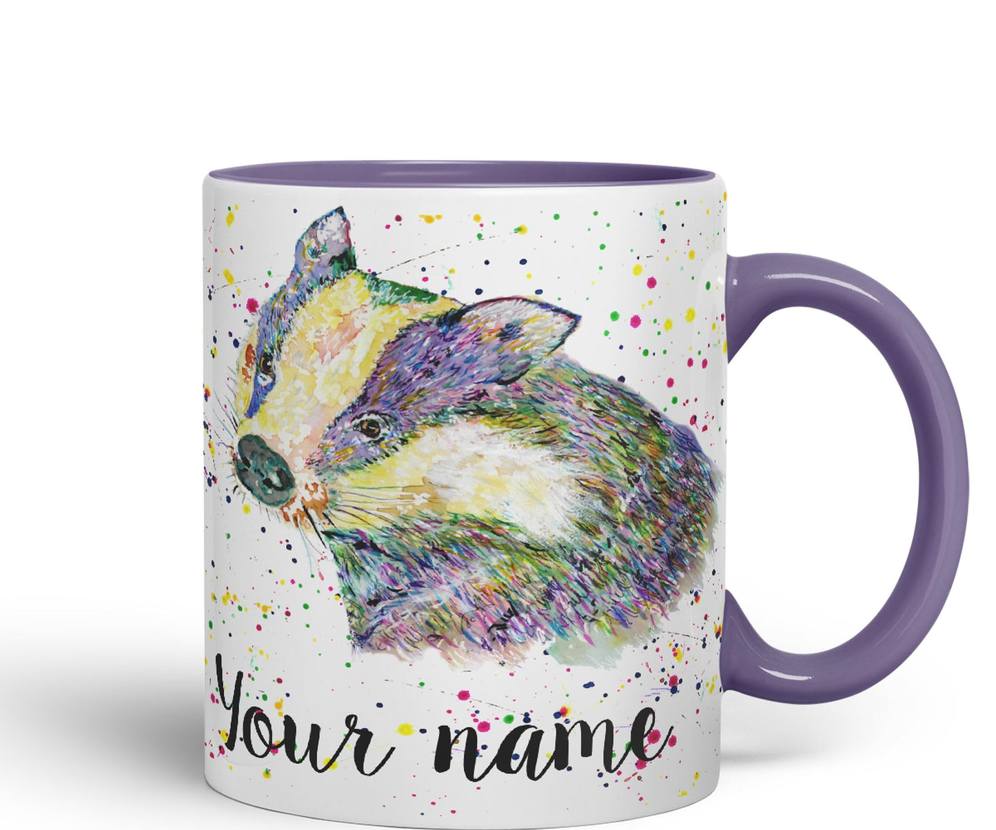 Personalised mug with Your Text name Badger animals Watercolour Art Coloured Ceramic Mug Cup Gift 330ml 11oz Custom Work Office Tea Coffee