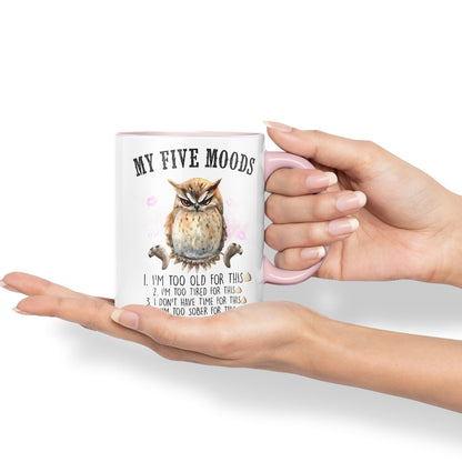 My Five Moods owl Sarcastic Joke Ceramic Coloured Mug Cup for Tea Coffee Hot Brew 330ml 11Oz