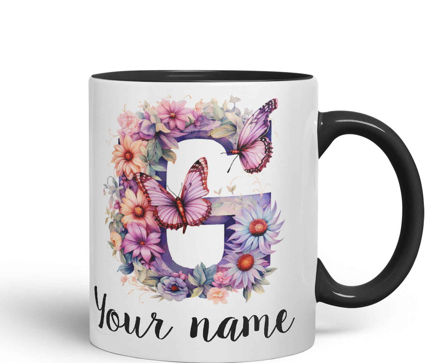 Personalised Letter G mug, Customized Custom Floral flowers butterfly Alphabet Letter G Monogram watercolour Ceramic Coloured Mug Cup for Tea Coffee Hot brew 330ml 11Oz Gift