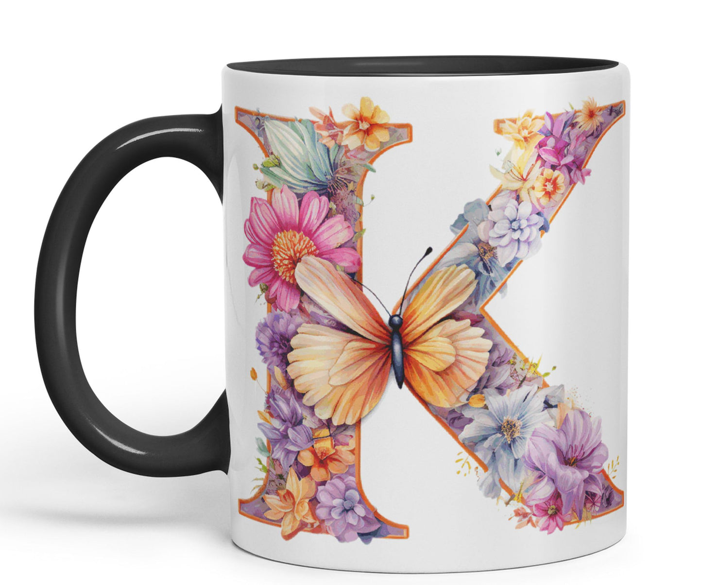 Letter K mug, Floral flowers butterfly Alphabet Letter K Monogram watercolour Ceramic Coloured Mug Cup for Tea Coffee Hot brew 330ml 11Oz Gift