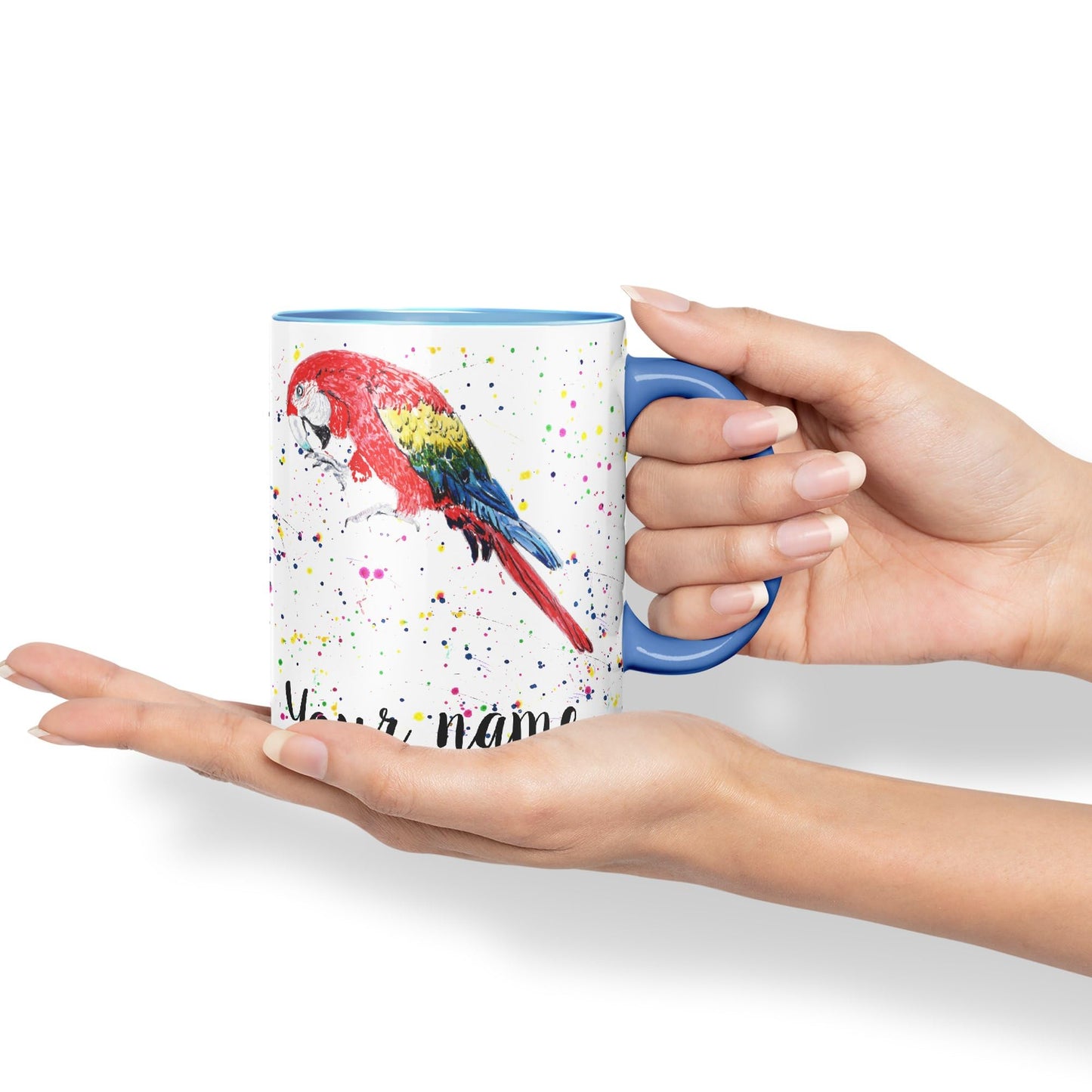 Personalised mug with Your Text name Macaw Parrot Bird animals Watercolour Art Coloured Ceramic Mug Cup Gift 330ml 11oz Custom Work Office Tea Coffee