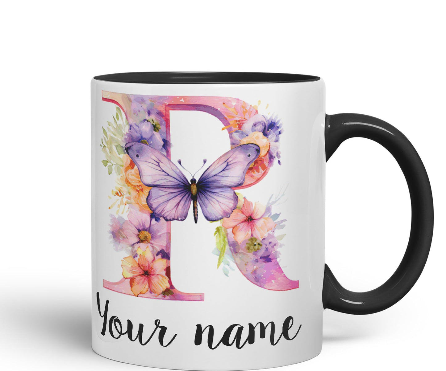 Personalised Letter R mug, Customized Custom Floral flowers butterfly Alphabet Letter R Monogram watercolour Ceramic Coloured Mug Cup for Tea Coffee Hot brew 330ml 11Oz Gift