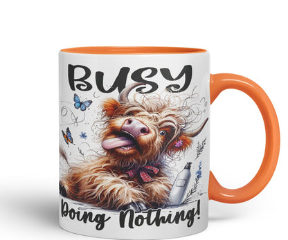 Busy Doing Nothing Scottish Highland Cow Joke sarkasm Sarcastic Ceramic Coloured Mug Cup for Tea Coffee Hot Brew 330ml 11Oz Gift