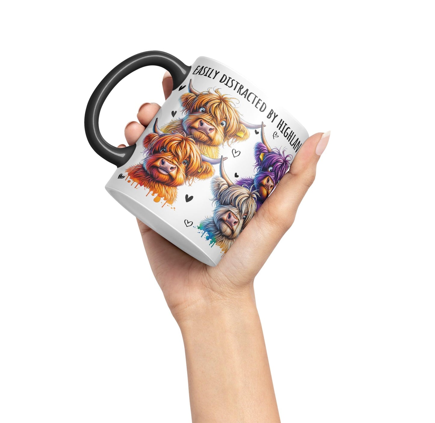 Easily Distracted by Highland Cows Scottish Farm Animals Ceramic Coloured Mug Cup for Tea Coffee Hot Brew 330ml 11Oz Gift