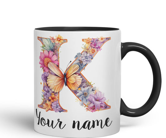 Personalised Letter K mug, Customized Custom Floral flowers butterfly Alphabet Letter K Monogram watercolour Ceramic Coloured Mug Cup for Tea Coffee Hot brew 330ml 11Oz Gift