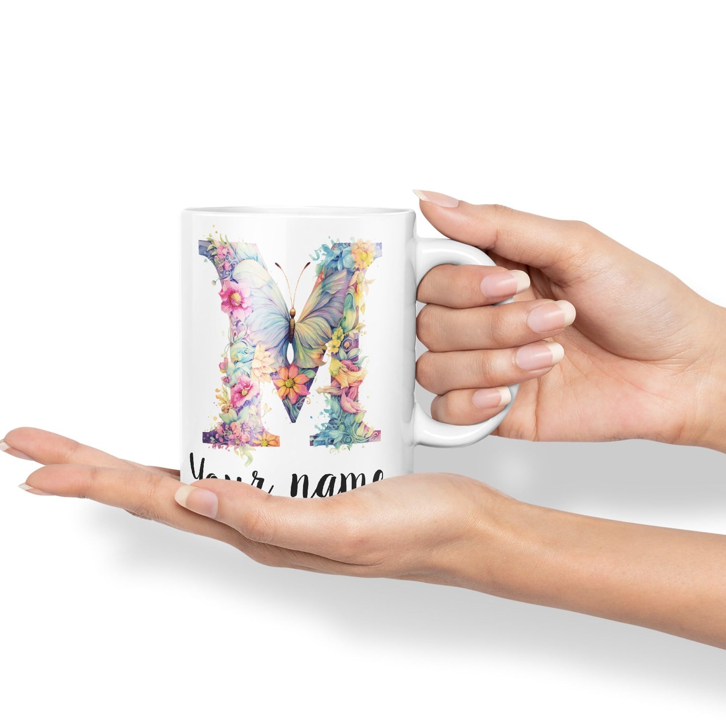 Personalised Letter M mug, Customized Custom Floral flowers butterfly Alphabet Letter M Monogram watercolour Ceramic Coloured Mug Cup for Tea Coffee Hot brew 330ml 11Oz Gift