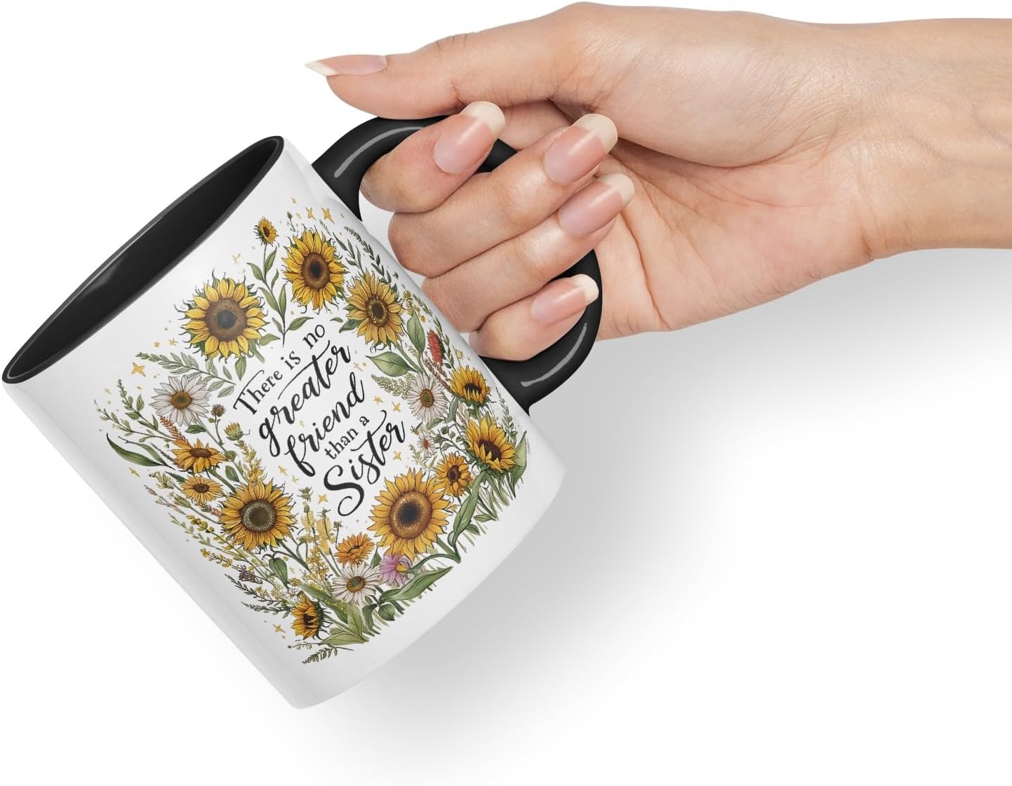 Vixar There is No Greater Gift Than Sisters Coloured Mug Cup Floral Sister Gift 11oz (Black)