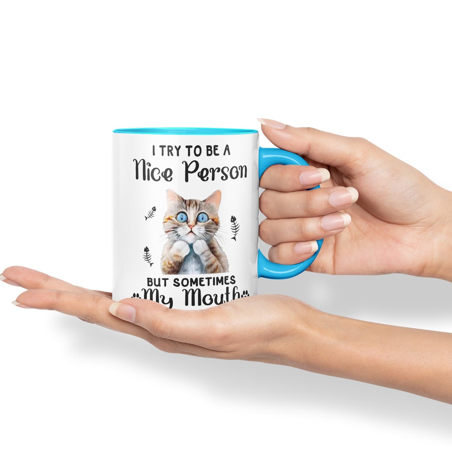 Vixar I Try to be a Nice Person but Sometimes My Mouth .. Cats Sarcastic Joke Ceramic Coloured Mug Cup for Tea Coffee Hot Brew 330ml 11Oz