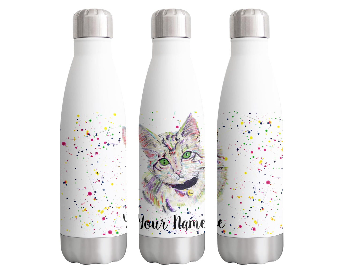 Vixar Kitten grey Personalised Custom Bottle with your Text/name Watercolour cat Animals Bottle Double Wall Insulated Stainless Steel Sport Drinks 500ml