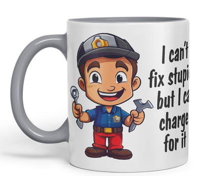 I Can't fix Stupid.. But I can Charge for it, Joke Sarcastic Ceramic Coloured Mug Cup for Tea Coffee Hot Brew 330ml 11Oz