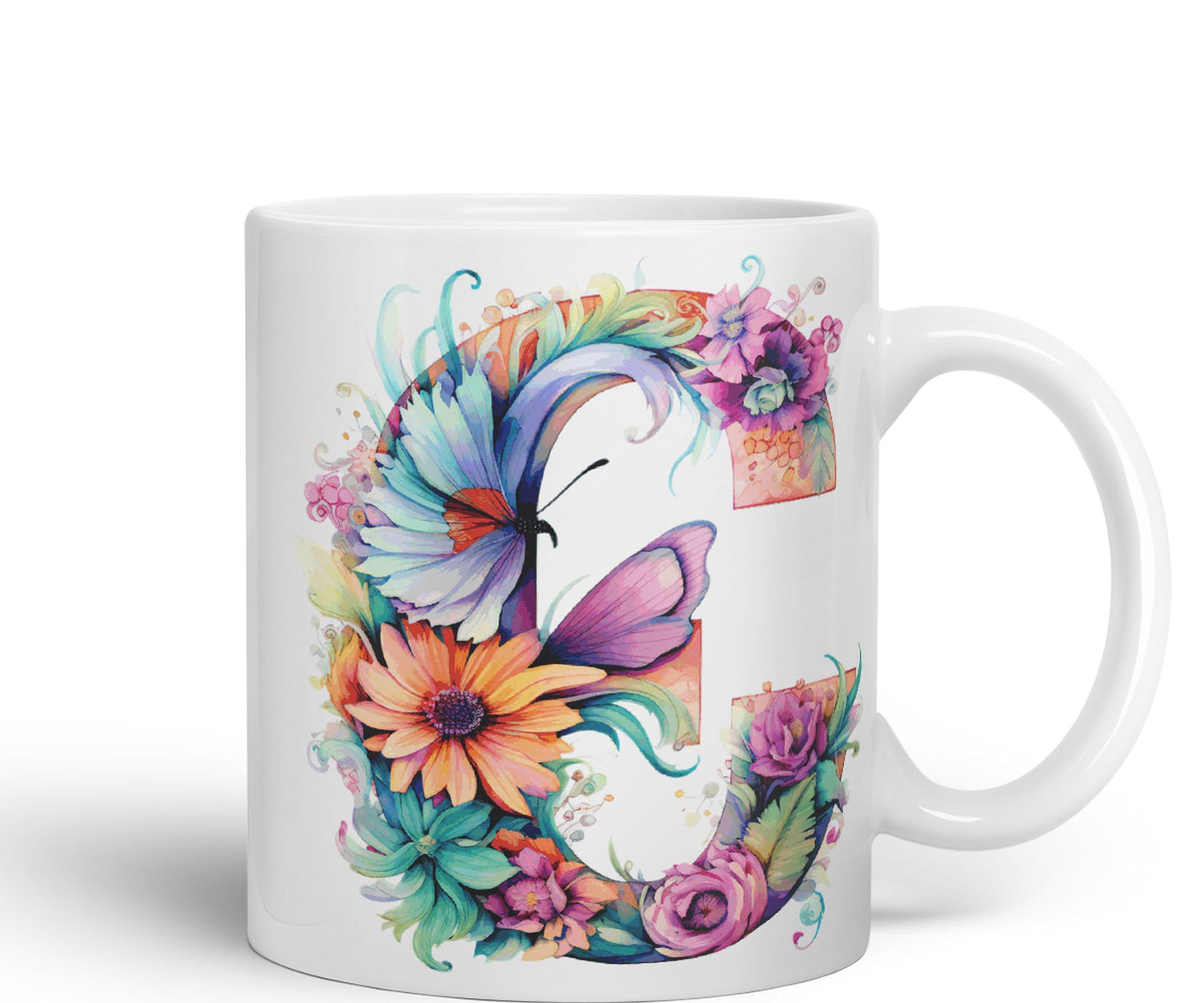 Letter C mug, Floral flowers butterfly Alphabet Letter C Monogram watercolour Ceramic Coloured Mug Cup for Tea Coffee Hot brew 330ml 11Oz Gift