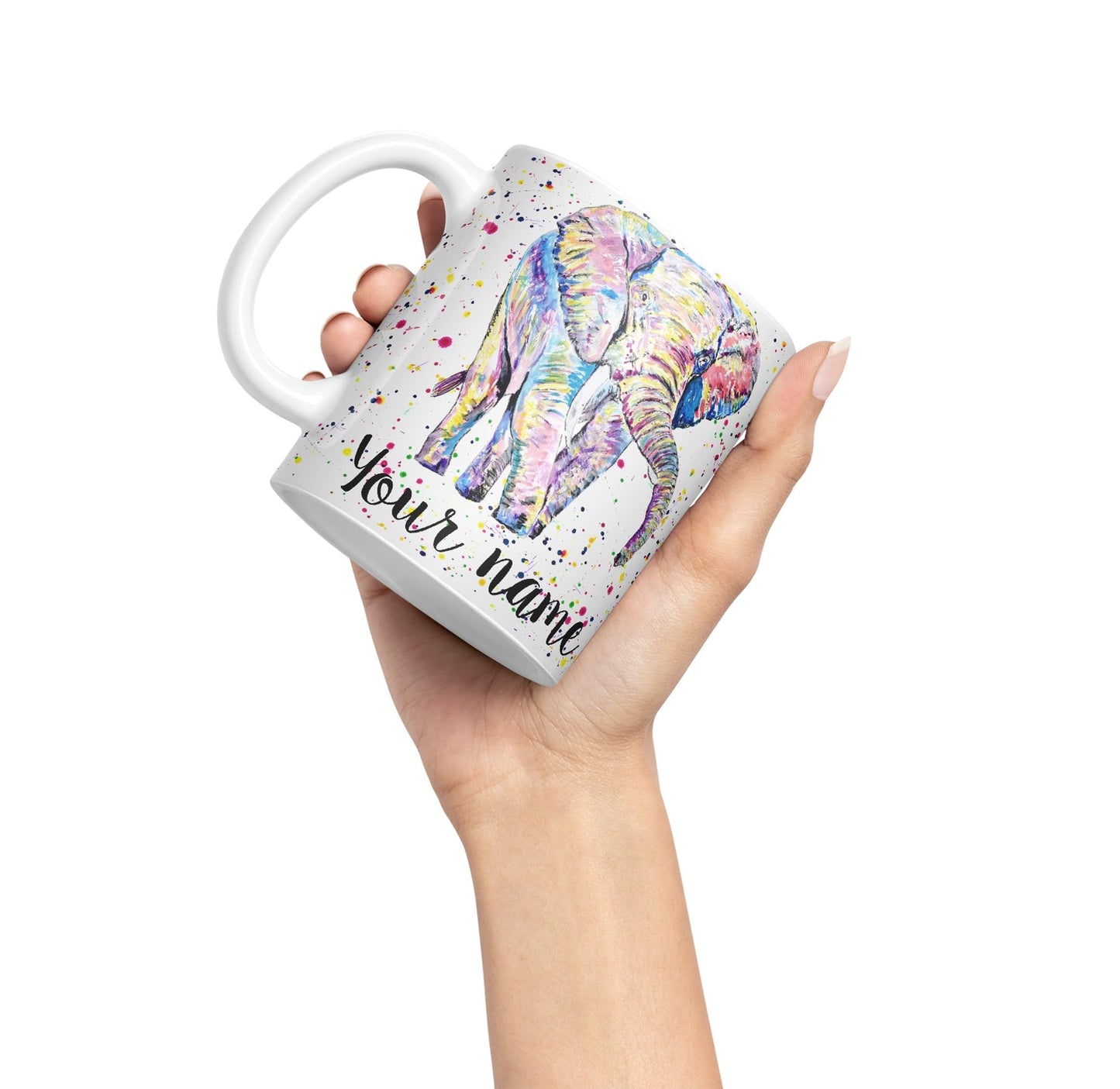 Vixar Personalised with Your Text Elephant Forward Facing Wild Animals Watercolour Art Coloured Ceramic Mug Cup Gift 330ml 11oz Custom Work Office Tea Coffee