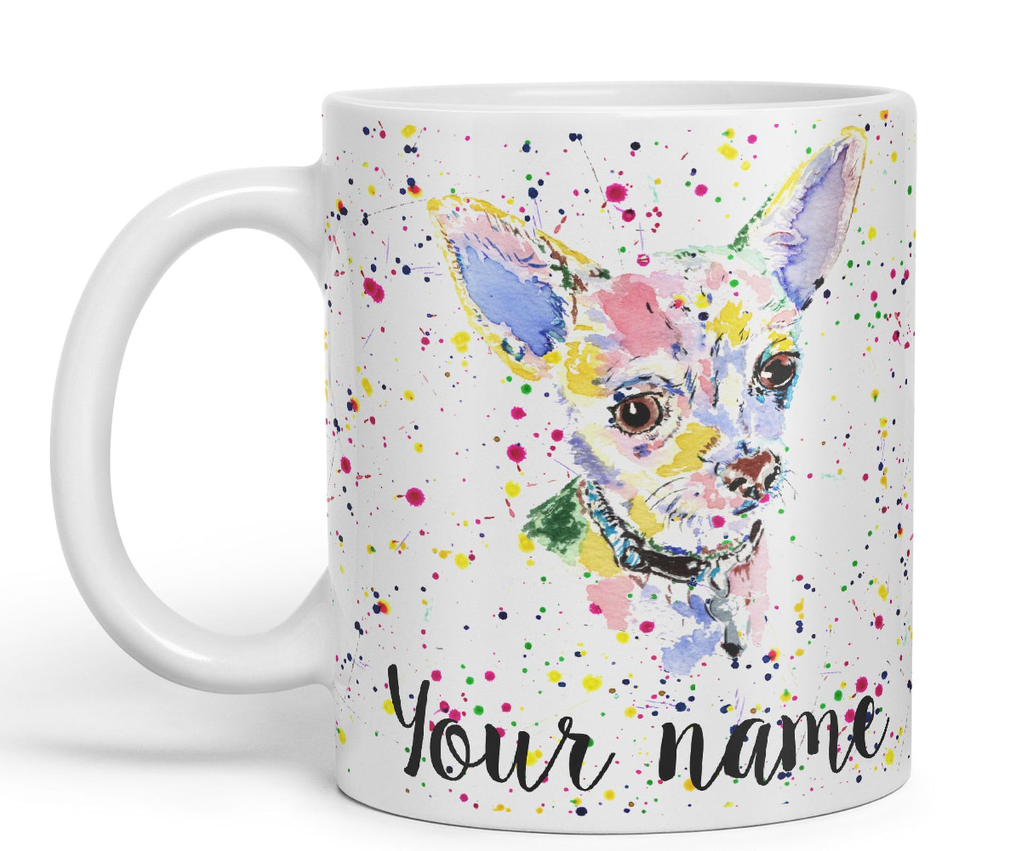 Vixar Personalised with Your Text Chihuahua Short Hair Dog Pet Animals Watercolour Art Coloured Ceramic Mug Cup Gift 330ml 11oz Custom Work Office Tea Coffee