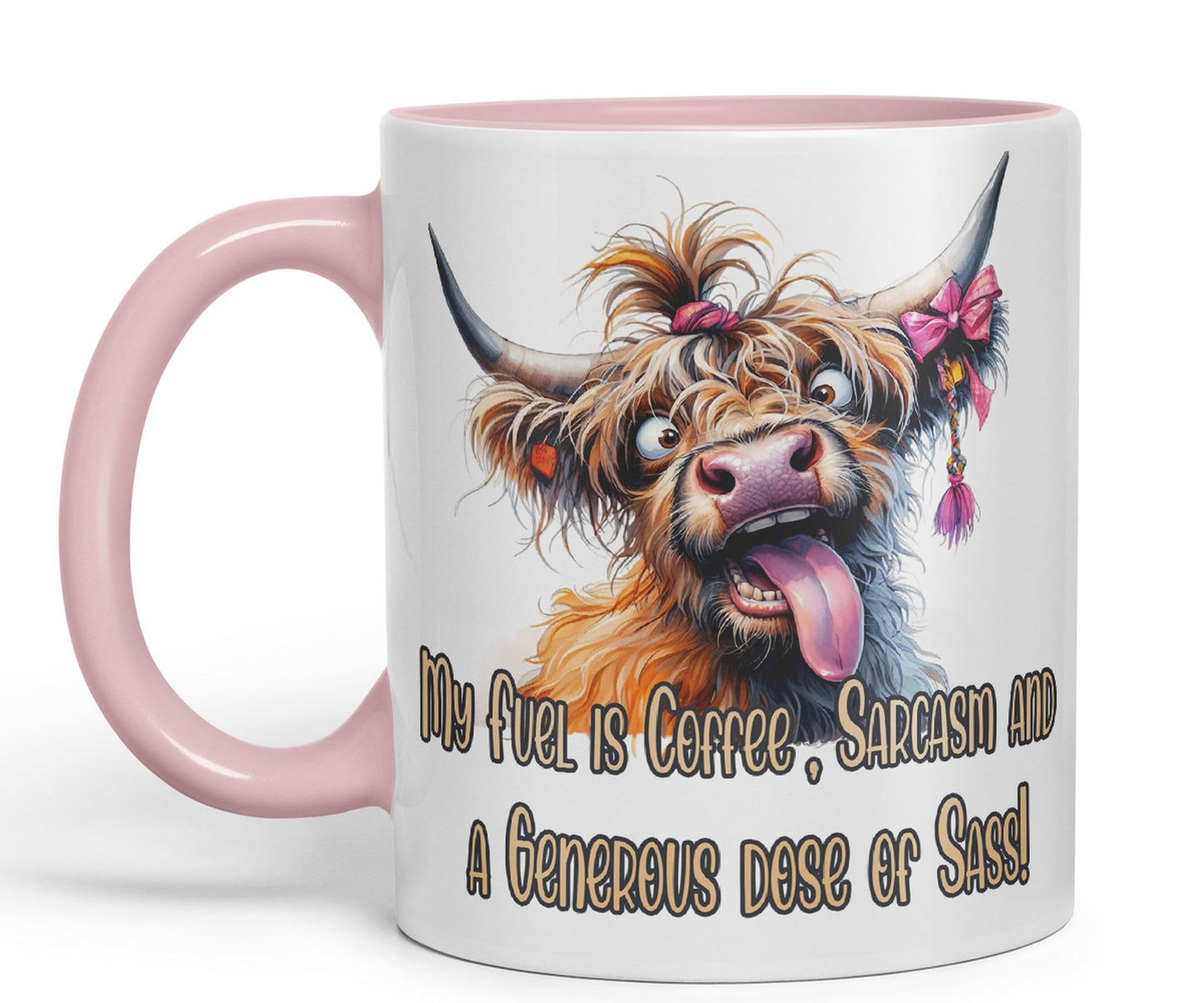 My Fuel is Coffee, Sarcasm and a Generous dose of Sass! Cow higland Joke sarkasm Sarcastic Ceramic Coloured Mug Cup for Tea Coffee Hot Brew 330ml 11Oz Gift