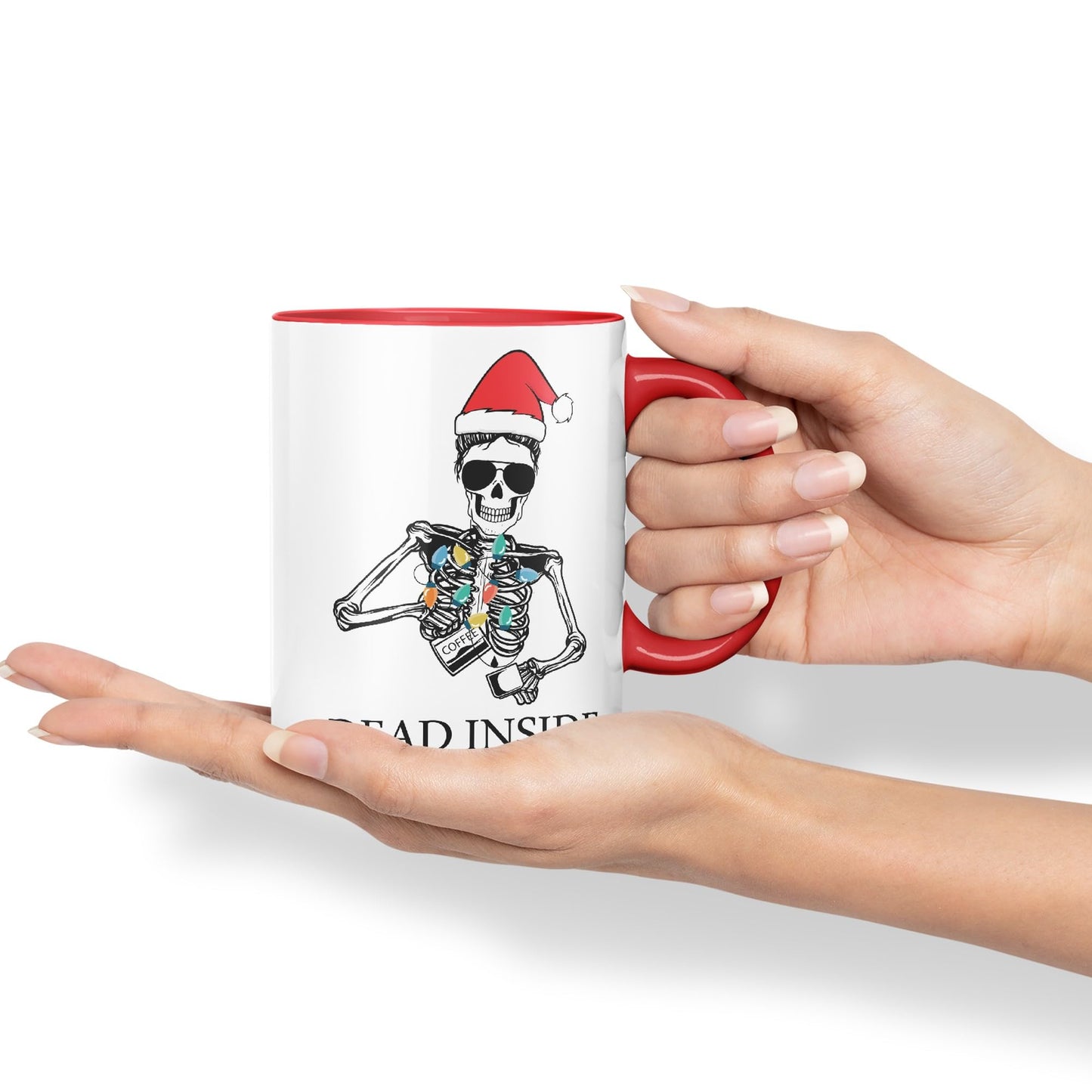 Dead Inside but Coffeinated Christmas Skull Sarcastic Joke Ceramic Coloured Mug Cup for Tea Coffee Hot Brew 330ml 11Oz