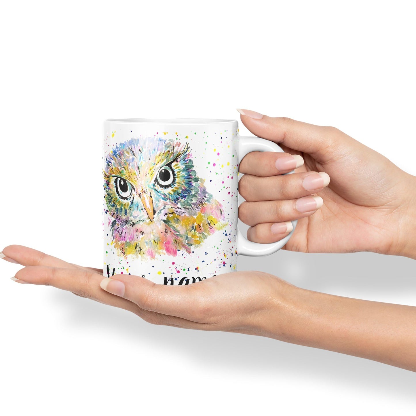 Vixar Personalised with Your Text Owl Bird Watercolour Art Coloured Ceramic Mug Cup Gift 330ml 11oz Custom Work Office Tea Coffee (O1)