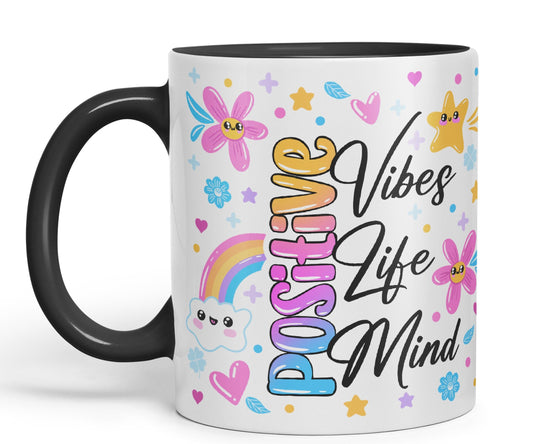 Positive Vibes Life Mind Presents Coloured Ceramic Mug Cup Gift 330ml 11oz Work Office Tea Coffee Gift