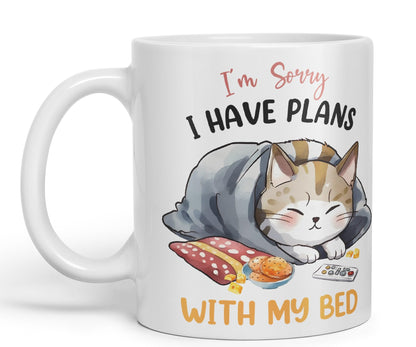 I'm Sorry, I Have Plans with My Bed, cat Sarcastic Joke Ceramic Coloured Mug Cup for Tea Coffee Hot Brew 330ml 11Oz