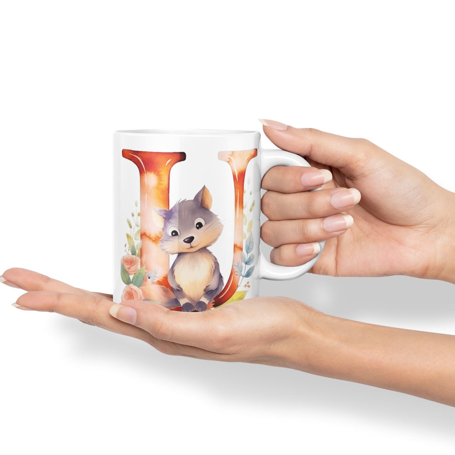 Letter U mug, Animals Alphabet Letter U Monogram animal for kids Ceramic Coloured Mug Cup for Tea Coffee Hot brew 330ml 11Oz Gift