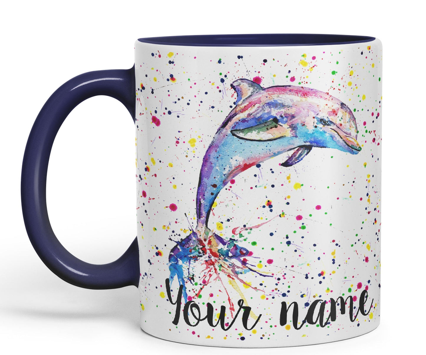 Vixar Personalised with Your Text Dolphin Sea Animal Watercolour Art Coloured Ceramic Mug Cup Gift 330ml 11oz Custom Work Office Tea Coffee