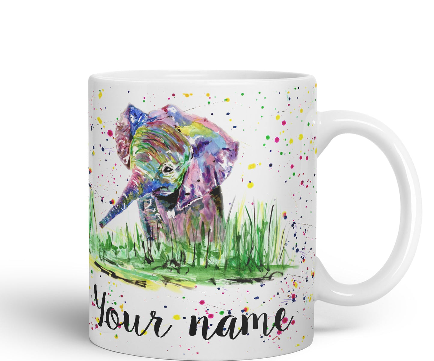 Personalised mug with Your Text name Elephant Baby animals Watercolour Art Coloured Ceramic Mug Cup Gift 330ml 11oz Custom Work Office Tea Coffee