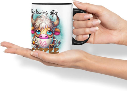 Vixar Life Begins After Coffee Highland Cow Coloured Ceramic Mug Cup Gift for Coffee Lovers 11oz (Black)