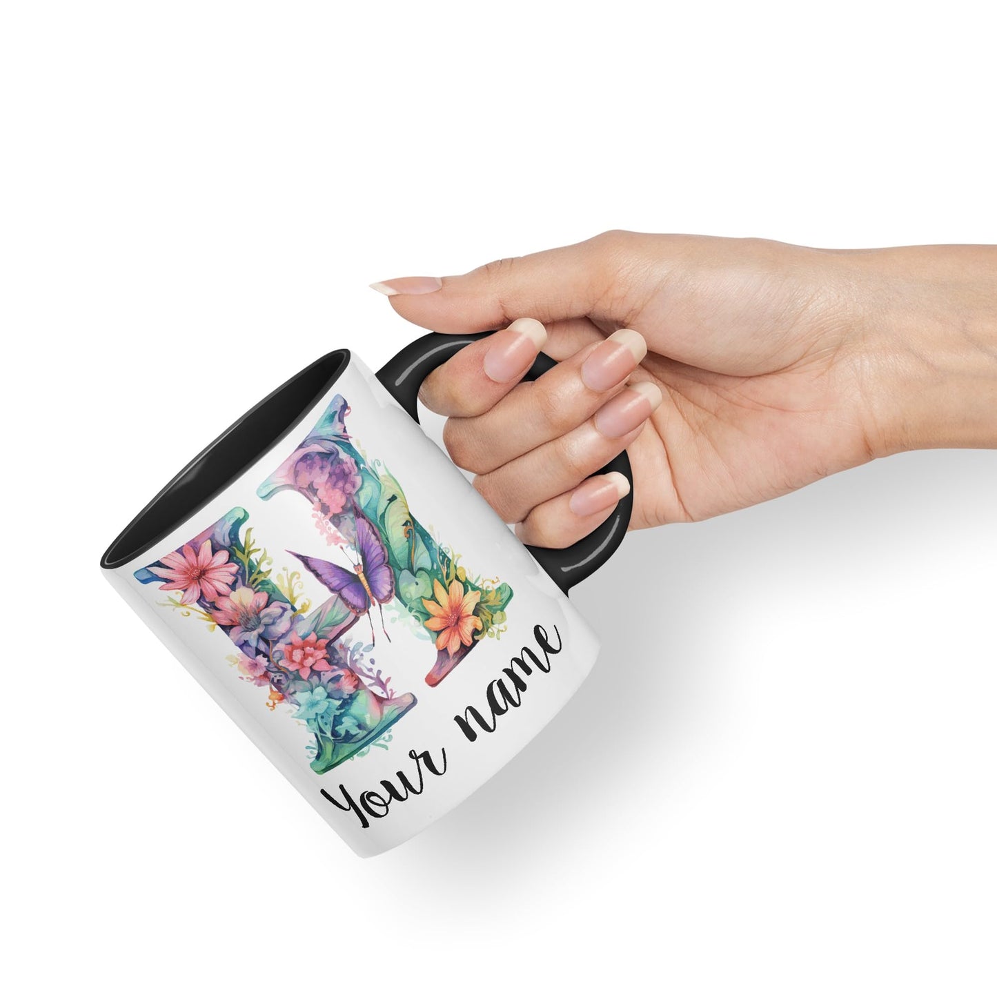 Personalised Letter H mug, Customized Custom Floral flowers butterfly Alphabet Letter H Monogram watercolour Ceramic Coloured Mug Cup for Tea Coffee Hot brew 330ml 11Oz Gift