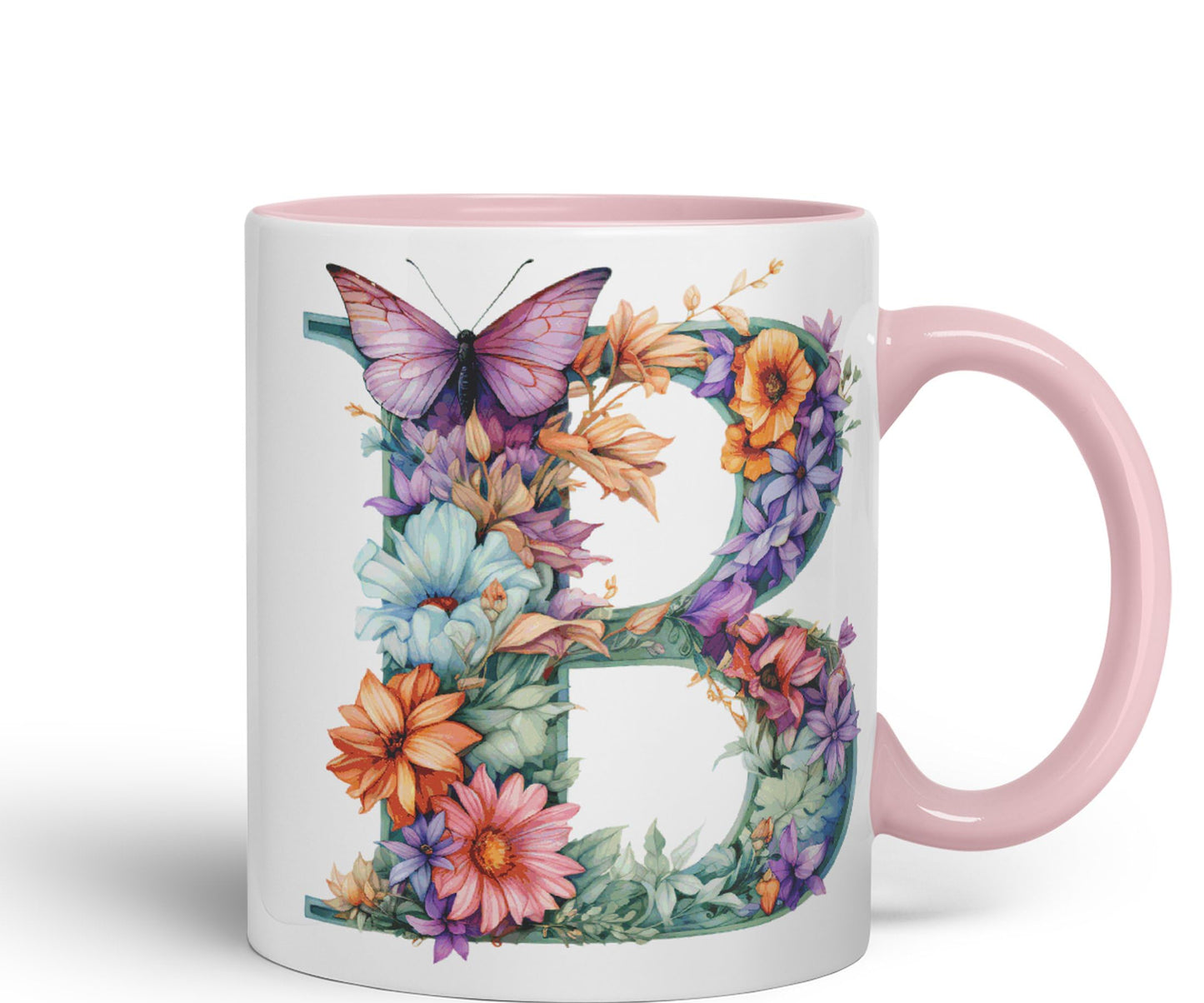 Letter B mug, Floral flowers butterfly Alphabet Letter B Monogram watercolour Ceramic Coloured Mug Cup for Tea Coffee Hot brew 330ml 11Oz Gift