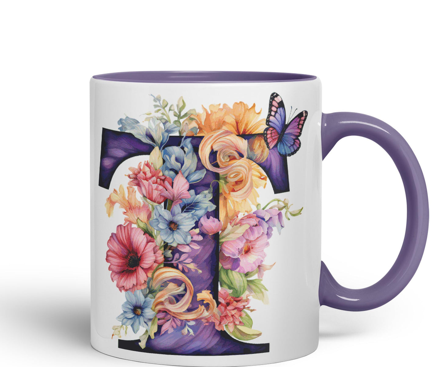 Letter T mug, Floral flowers butterfly Alphabet Letter T Monogram watercolour Ceramic Coloured Mug Cup for Tea Coffee Hot brew 330ml 11Oz Gift