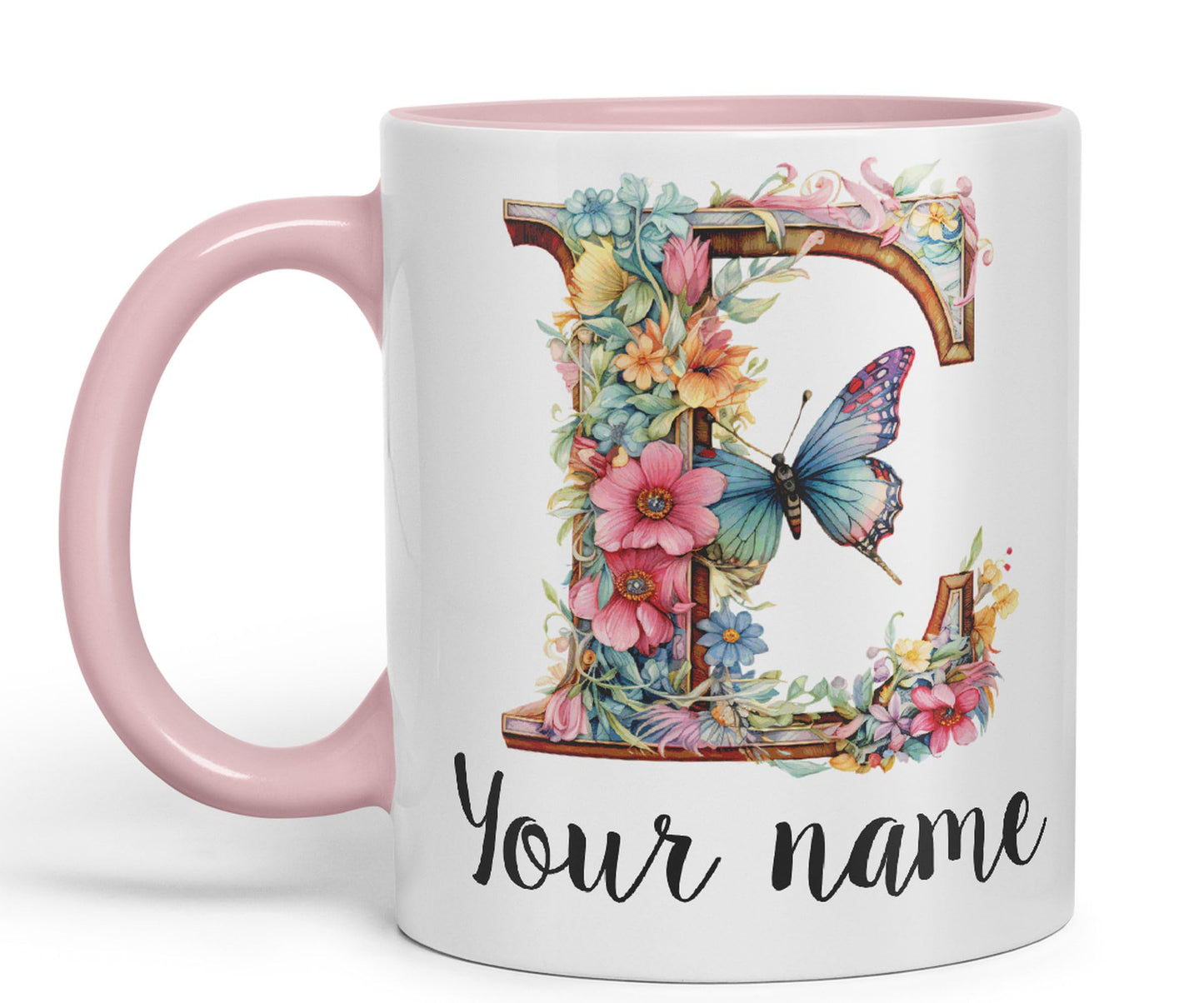 Personalised Letter E mug, Customized Custom Floral flowers butterfly Alphabet Letter E Monogram watercolour Ceramic Coloured Mug Cup for Tea Coffee Hot brew 330ml 11Oz Gift