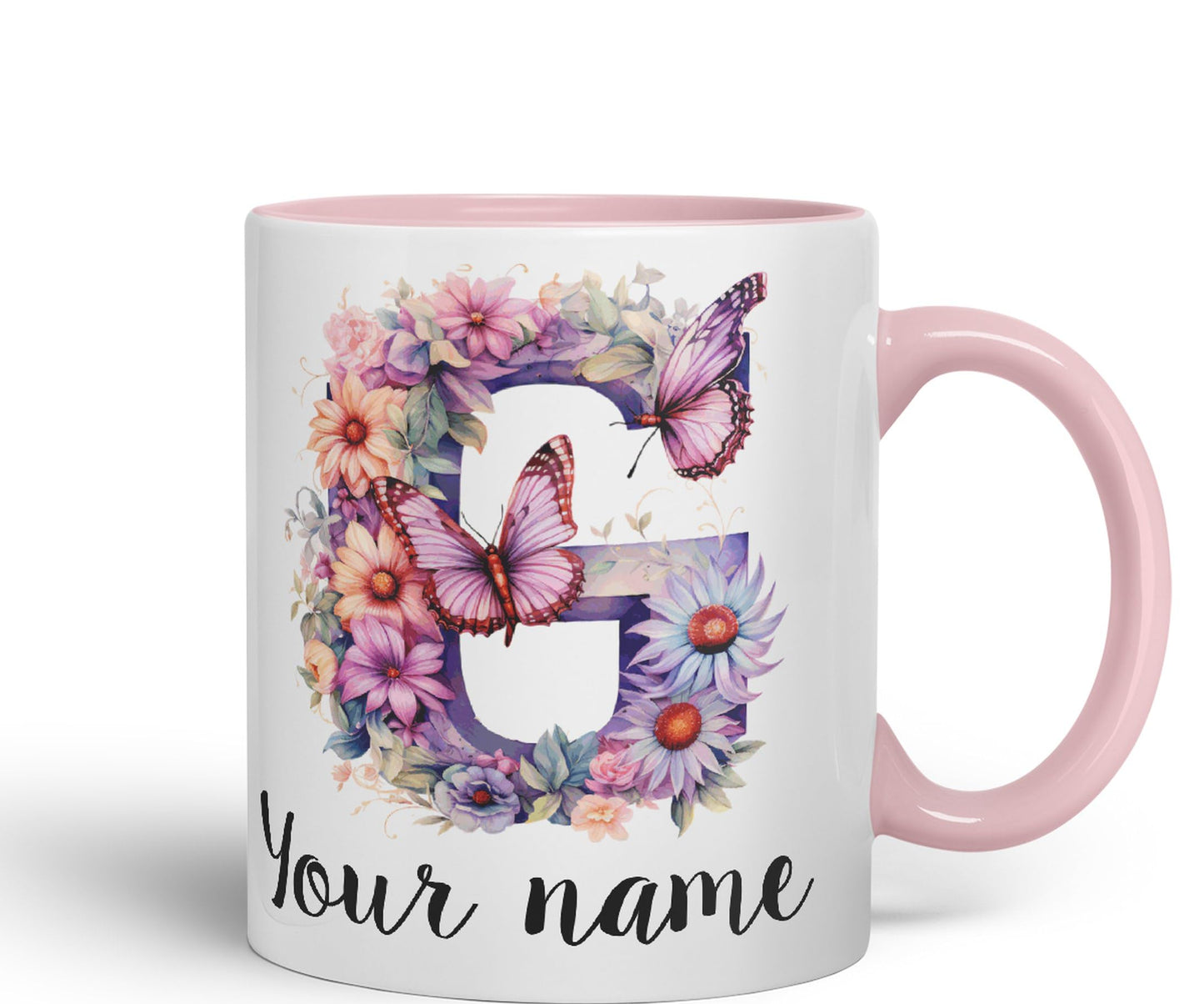 Personalised Letter G mug, Customized Custom Floral flowers butterfly Alphabet Letter G Monogram watercolour Ceramic Coloured Mug Cup for Tea Coffee Hot brew 330ml 11Oz Gift