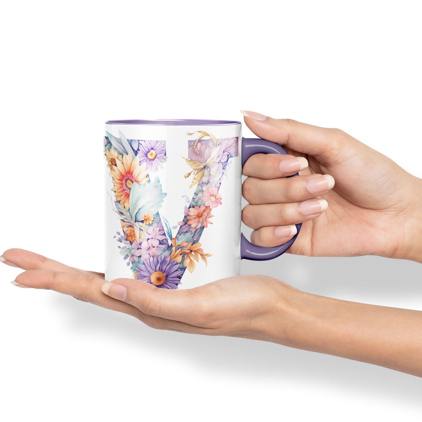 Letter V mug, Floral flowers butterfly Alphabet Letter V Monogram watercolour Ceramic Coloured Mug Cup for Tea Coffee Hot brew 330ml 11Oz Gift