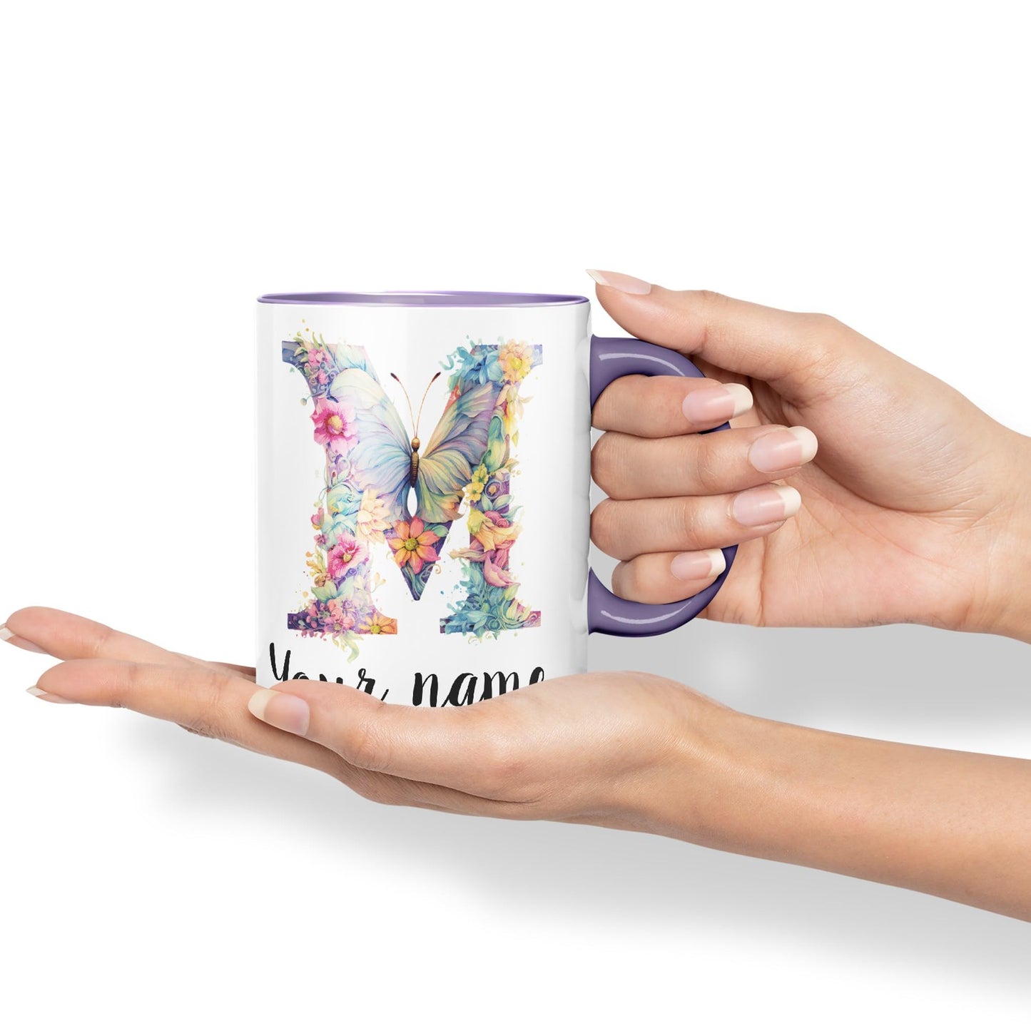 Personalised Letter M mug, Customized Custom Floral flowers butterfly Alphabet Letter M Monogram watercolour Ceramic Coloured Mug Cup for Tea Coffee Hot brew 330ml 11Oz Gift