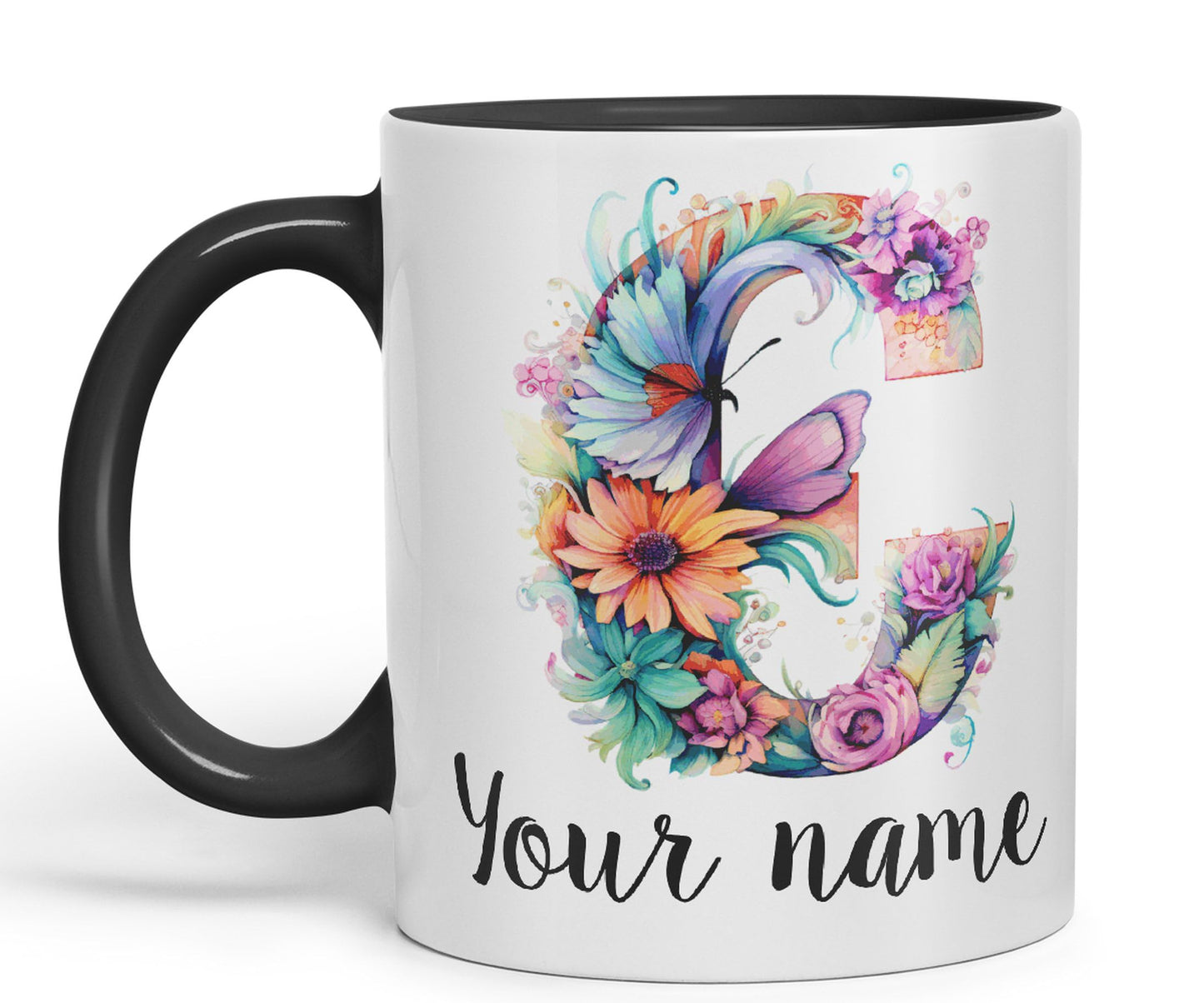 Personalised Letter C mug, Customized Custom Floral flowers butterfly Alphabet Letter C Monogram watercolour Ceramic Coloured Mug Cup for Tea Coffee Hot brew 330ml 11Oz Gift