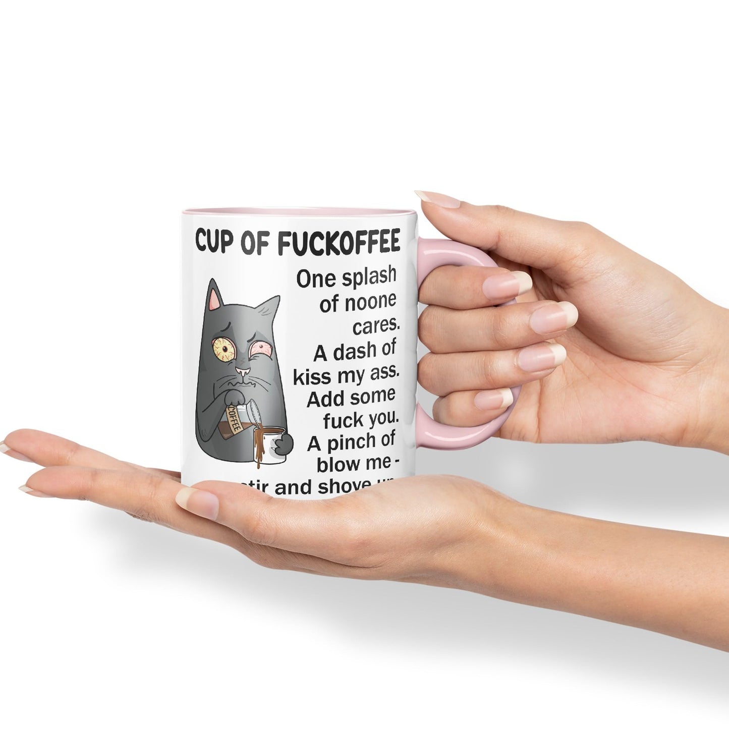 Cup of Fuckoffee, one Splash on Noone Cares cat Sarcastic Joke Ceramic Coloured Mug Cup for Tea Coffee Hot Brew 330ml 11Oz