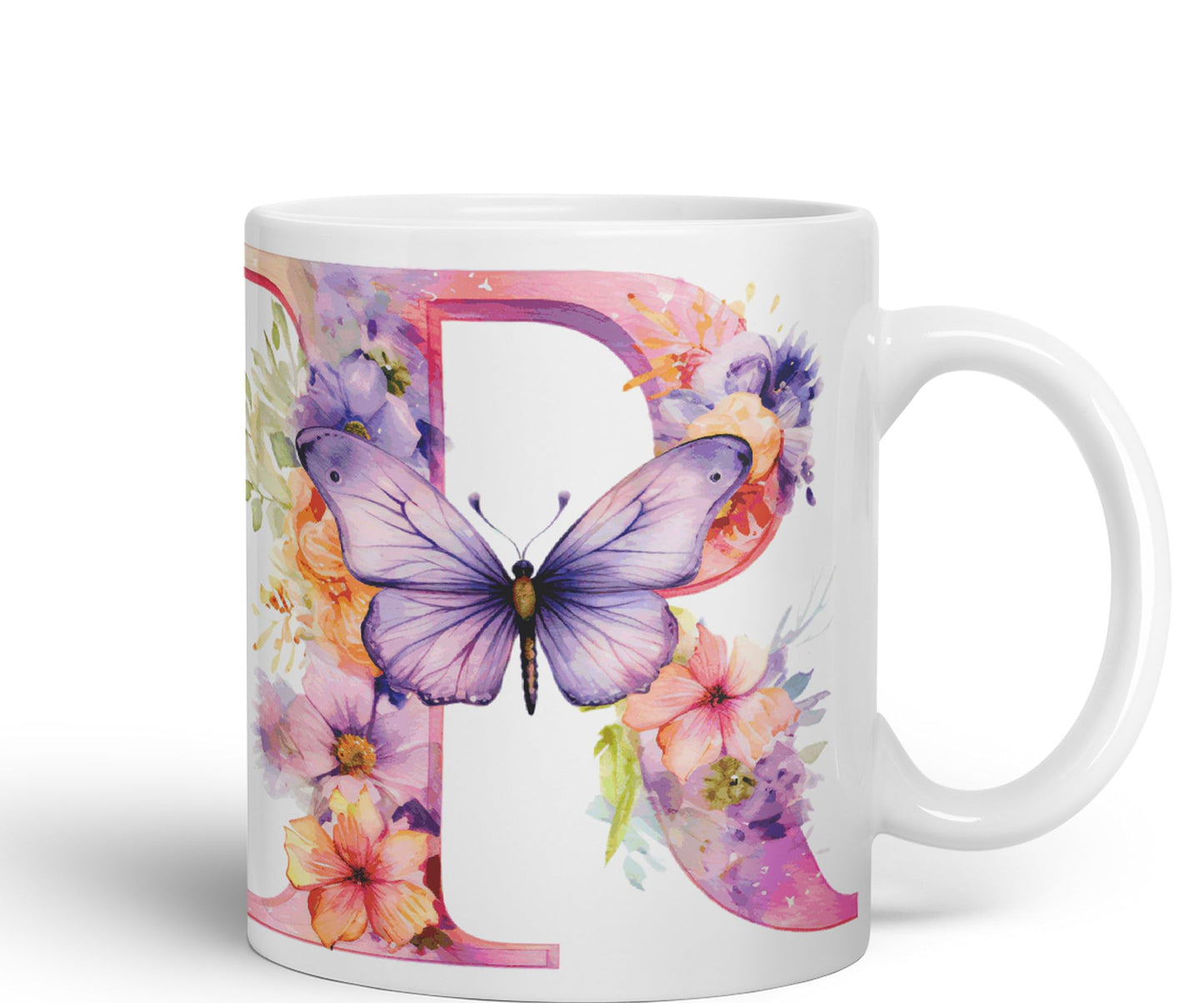 Letter R mug, Floral flowers butterfly Alphabet Letter R Monogram watercolour Ceramic Coloured Mug Cup for Tea Coffee Hot brew 330ml 11Oz Gift