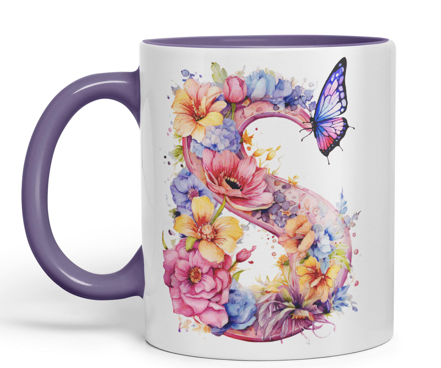 Letter S mug, Floral flowers butterfly Alphabet Letter S Monogram watercolour Ceramic Coloured Mug Cup for Tea Coffee Hot brew 330ml 11Oz Gift