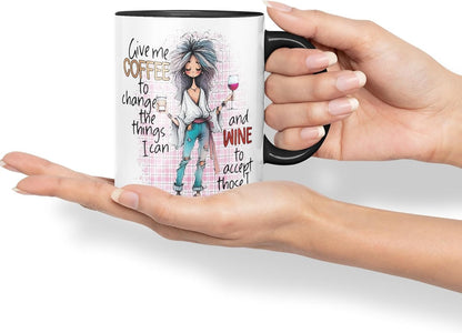 Vixar Give Me Coffee to Change The Things I Can and Wine to Accept Those I Cannot Coloured Mug Cup 11oz (Black)