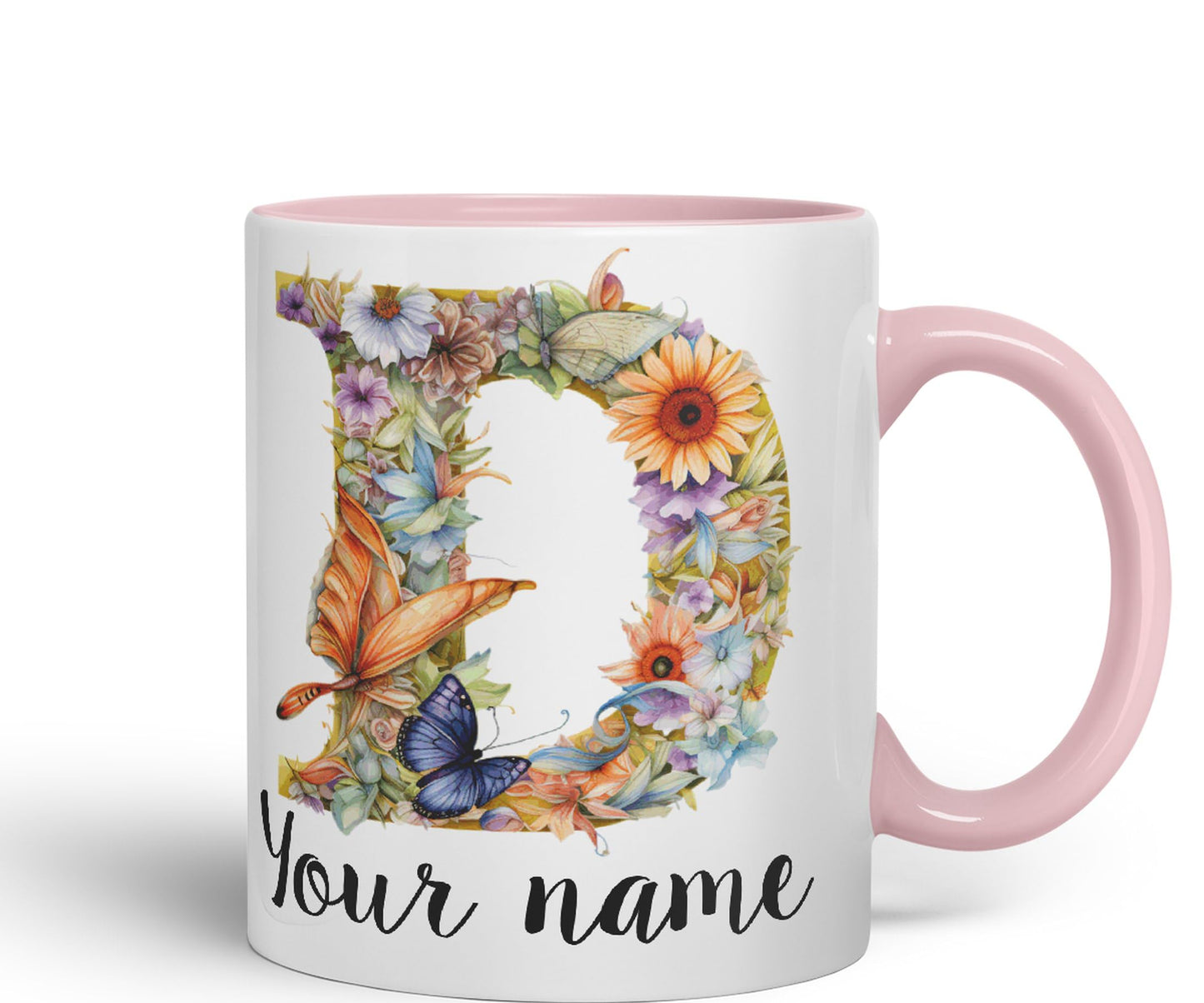 Personalised Letter D mug, Customized Custom Floral flowers butterfly Alphabet Letter D Monogram watercolour Ceramic Coloured Mug Cup for Tea Coffee Hot brew 330ml 11Oz Gift