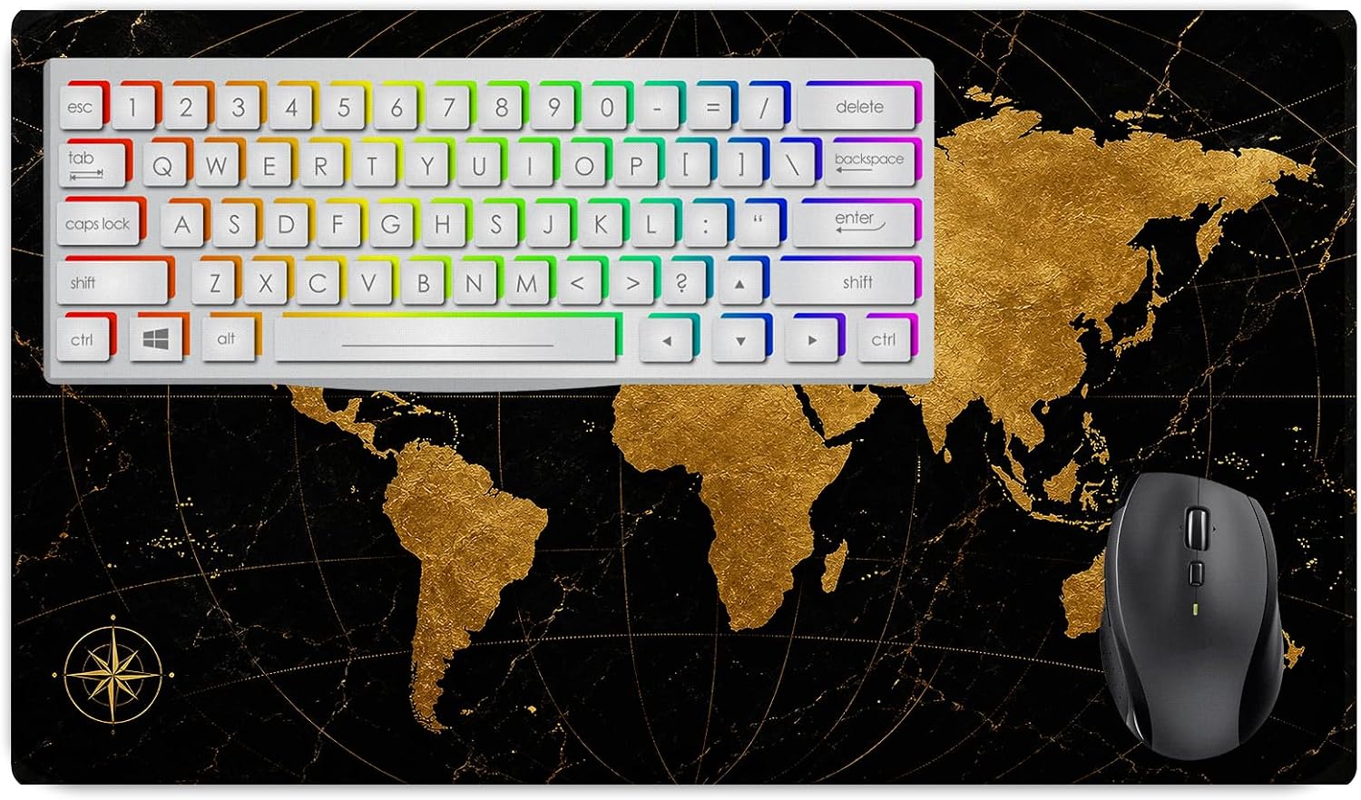 Vixar Black Gold World Map Large Desk Mat – Luxury Marble Style Fabric Mouse Pad with 3mm Non-Slip Rubber Base, 600 x 350mm