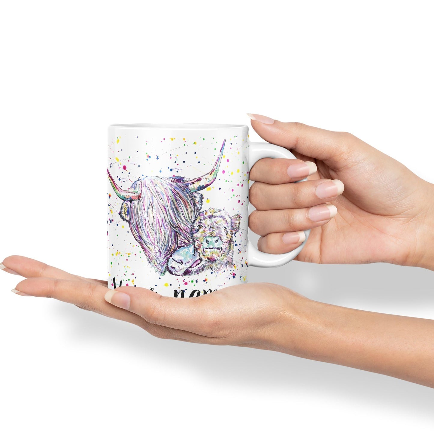 Vixar Personalised with Your Text Highland Cow Scottish with Calf Baby Farm Animals Watercolour Art Coloured Ceramic Mug Cup Gift 330ml 11oz Custom Work Office Tea Coffee